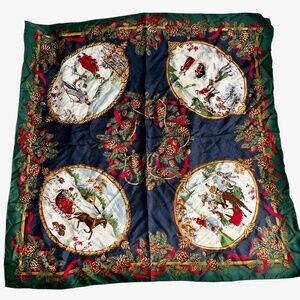 Talbot's Scarf Christmas Scenes Hand Rolled Stitched Edge Silk Japan Green